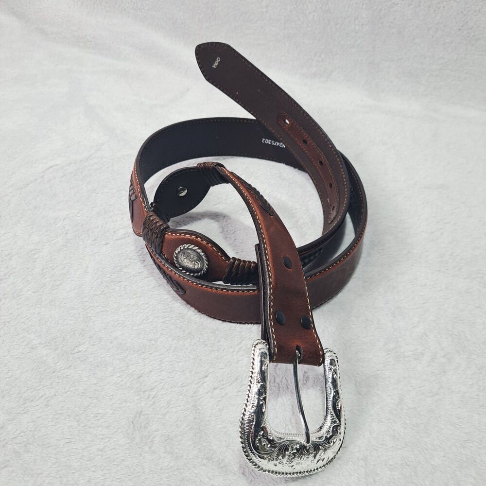 NOCONA Brown Leather Belt 44 Floral Embossed Conchos & Buckle Western Rodeo